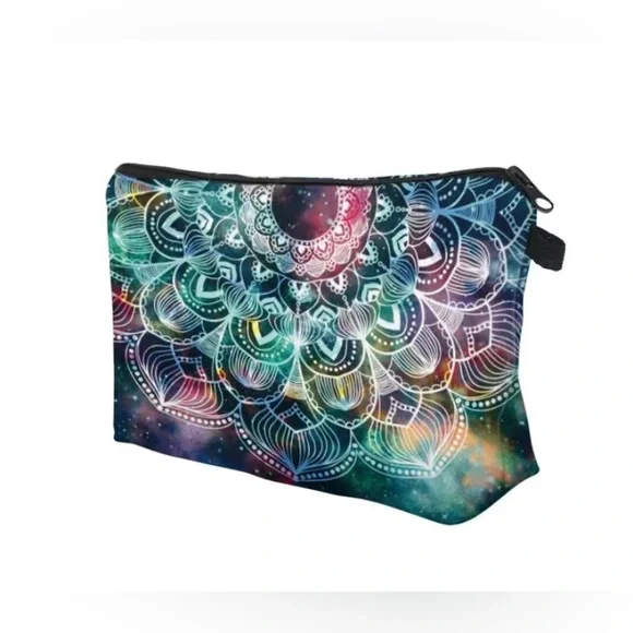 Vintage Mandala Pattern Zipper Cosmetic Lightweight Travel Bag Blue and Teal - Picture 3 of 6